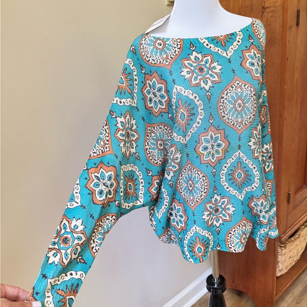 Turquoise Patterned Women's Sweater Blouse